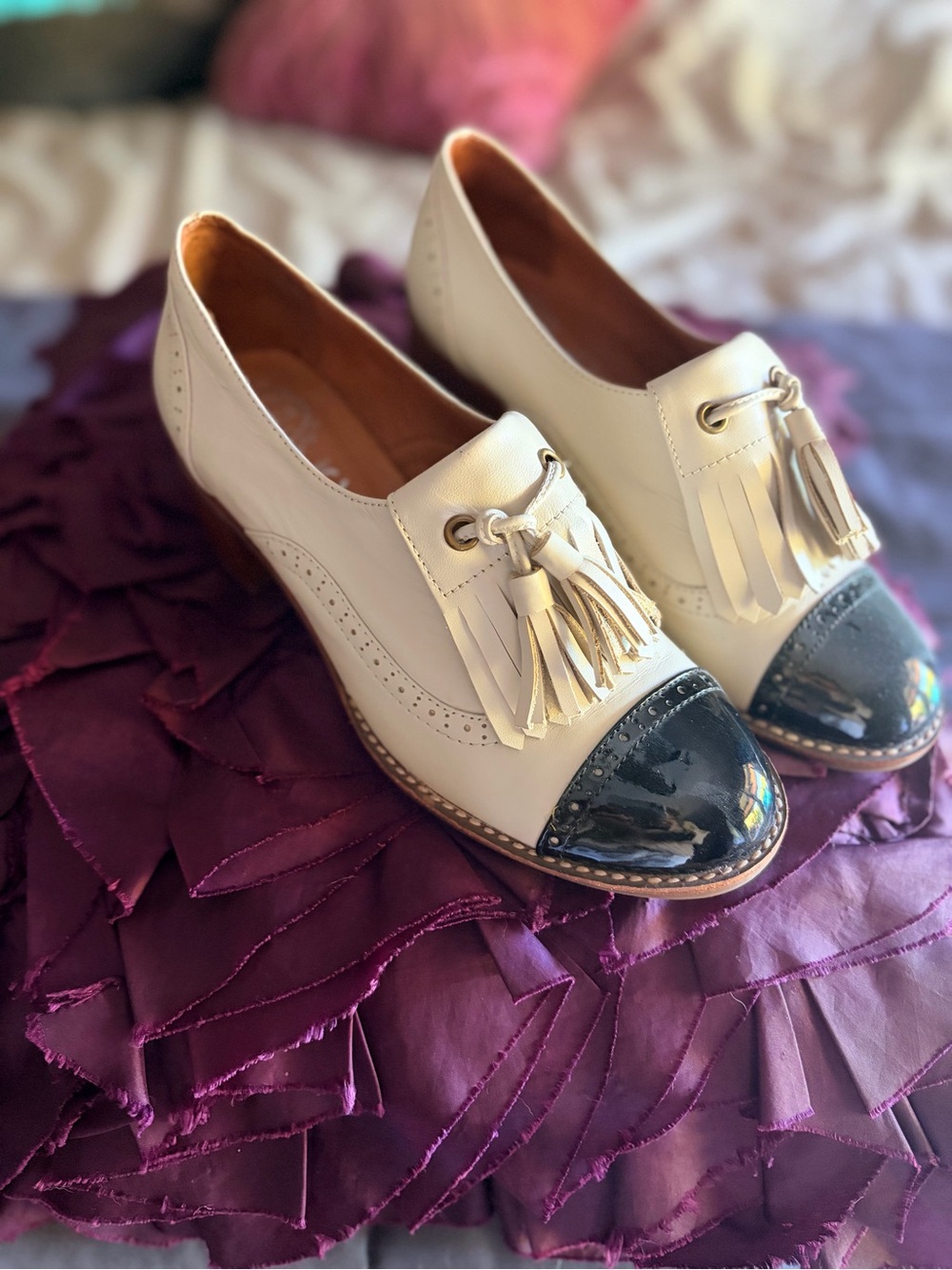 Jeffrey Campbell Cream Tassel Loafers with Black Patent Cap Toe